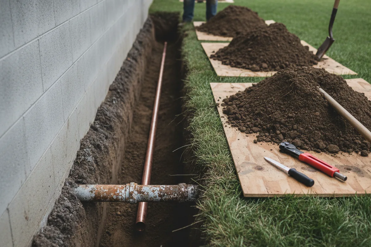 Excavated water line trench during Sewer Line Repair in River Edge
